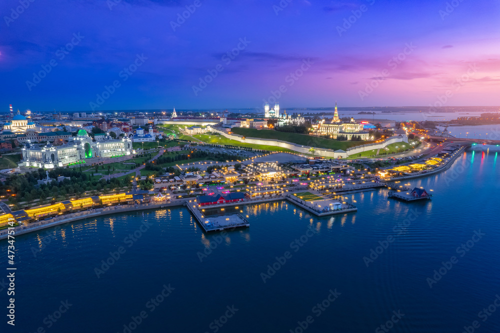 Obraz premium Aerial top beauty view of main attractions city Kazan sunset with light, Tatarstan travel Russia