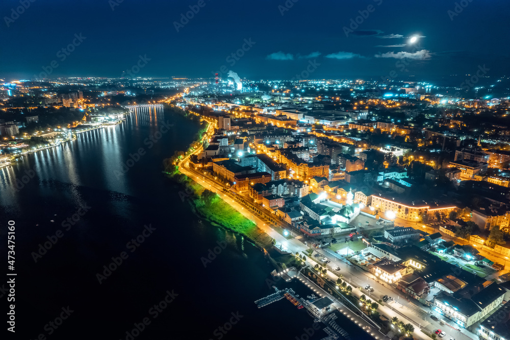 Fototapeta premium Aerial top view night cityscape of Kazan Tatarstan Russia