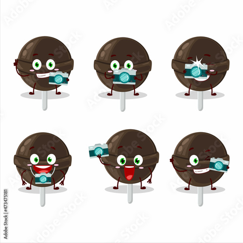 Photographer profession emoticon with sweet chocolate lolipop cartoon character