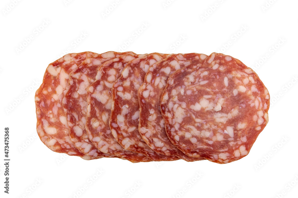 tranches de saucisson isolées sur un fond blanc