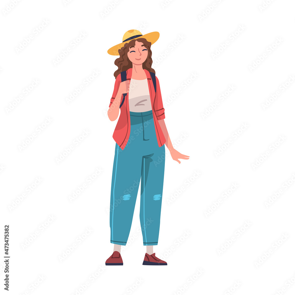 Woman as Modern University Student Wearing Wide Brimmed Hat Standing with Backpack Vector Illustration Woman as Modern University Student Wearing Wide Brimmed Hat Standing with Backpack Vector Illustration
