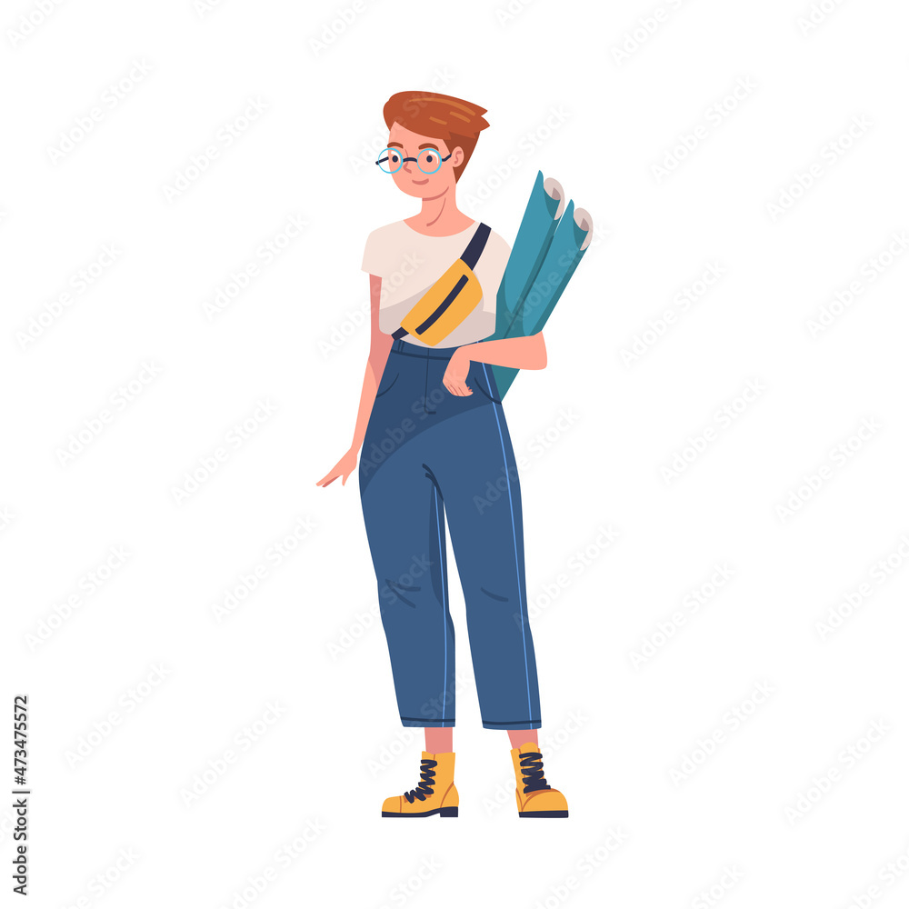 Woman as Modern University Student in Glasses Standing with Bag and Rolled Paper Vector Illustration Woman as Modern University Student in Glasses Standing with Bag and Rolled Paper Vector Illustration