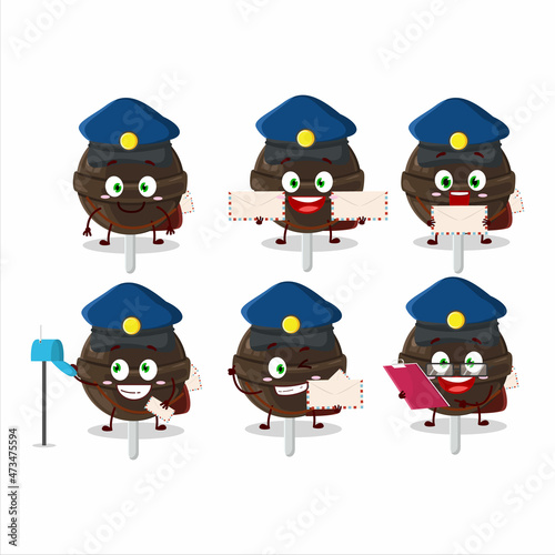 A picture of cheerful sweet chocolate lolipop postman cartoon design concept