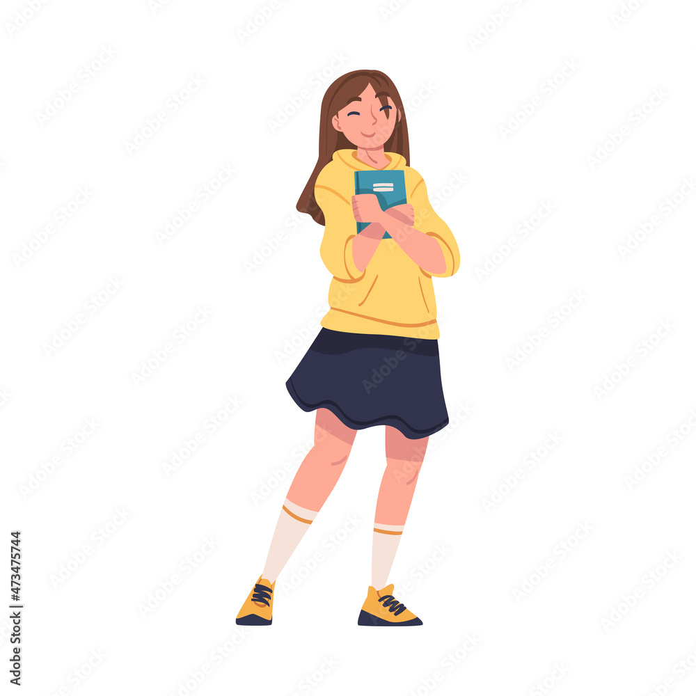 Woman as Modern University Student in Yellow Hoodie Standing with Book Vector Illustration Woman as Modern University Student in Yellow Hoodie Standing with Book Vector Illustration
