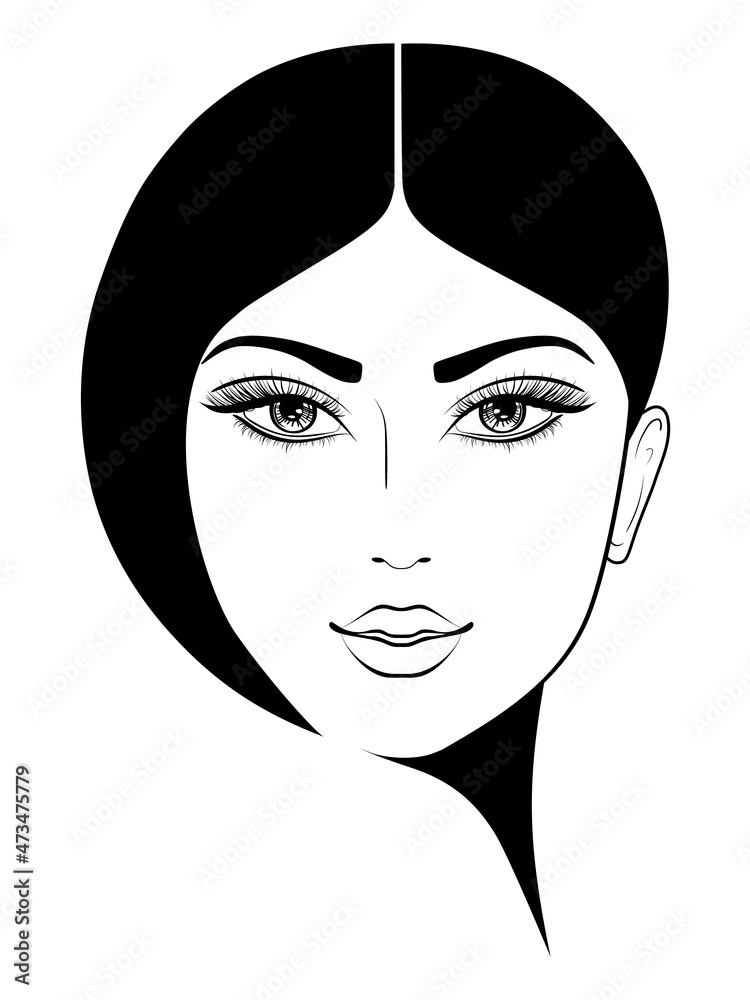 Portrait of a beautiful girl. Woman face. Vector illustration isolated on white background. Coloring book page.
