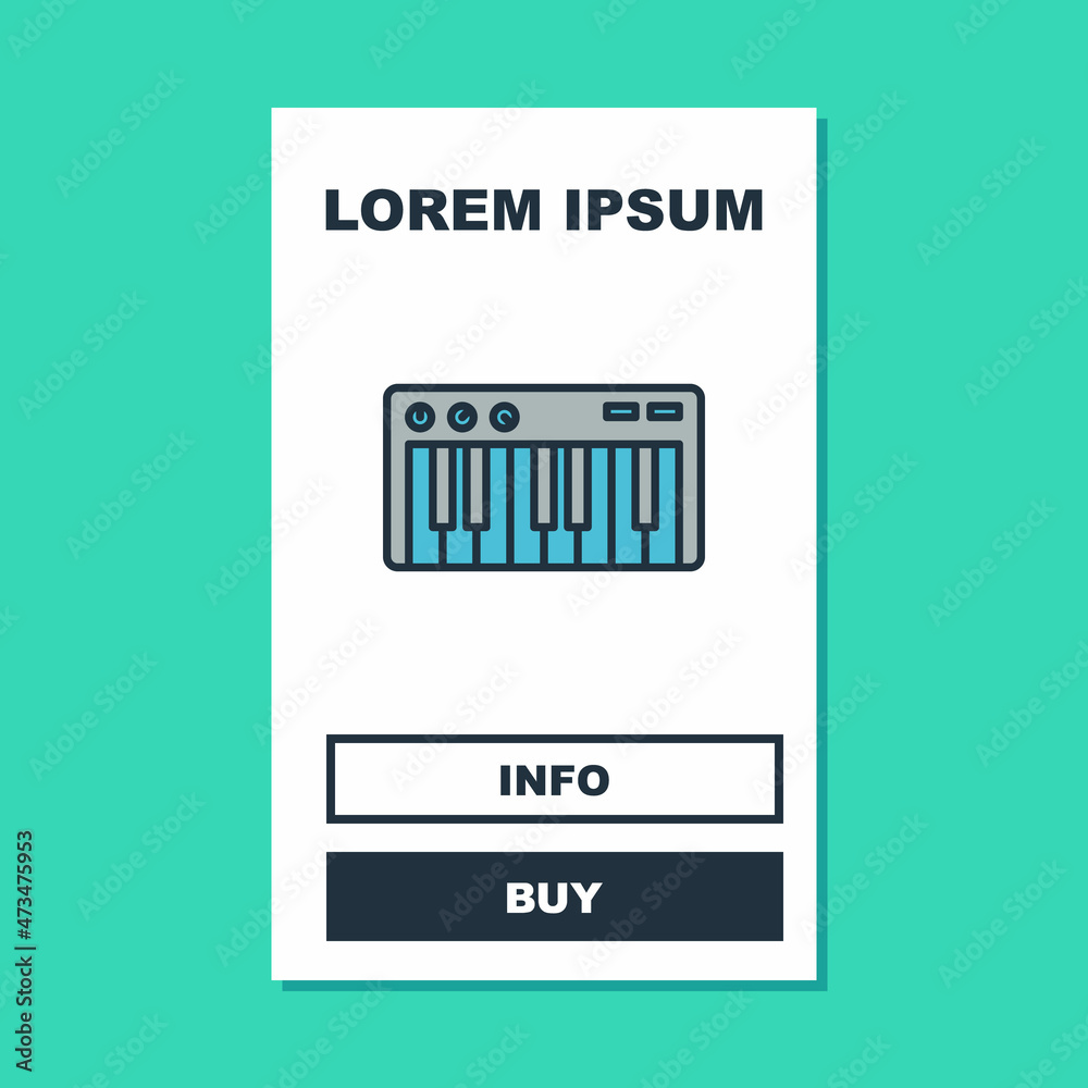 Filled outline Music synthesizer icon isolated on turquoise background. Electronic piano. Vector