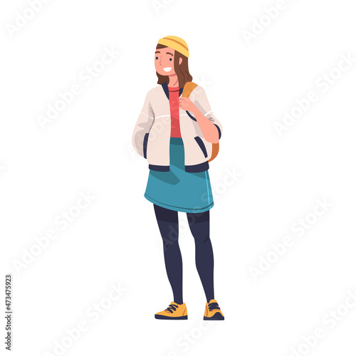 Smiling Woman as Modern University Student in Hat Standing with Backpack Vector Illustration