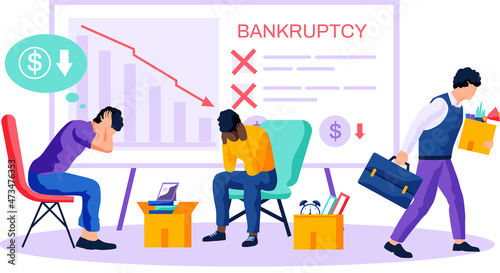 Depressed and shocked people suffer from bankruptcy of enterprise. Company cost reduction, business failure and finance crisis. Colleagues scared of business disruption, decrease in profit in office