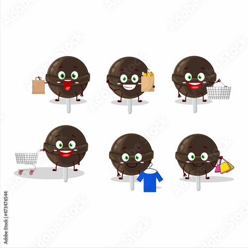 A Rich sweet chocolate lolipop mascot design style going shopping