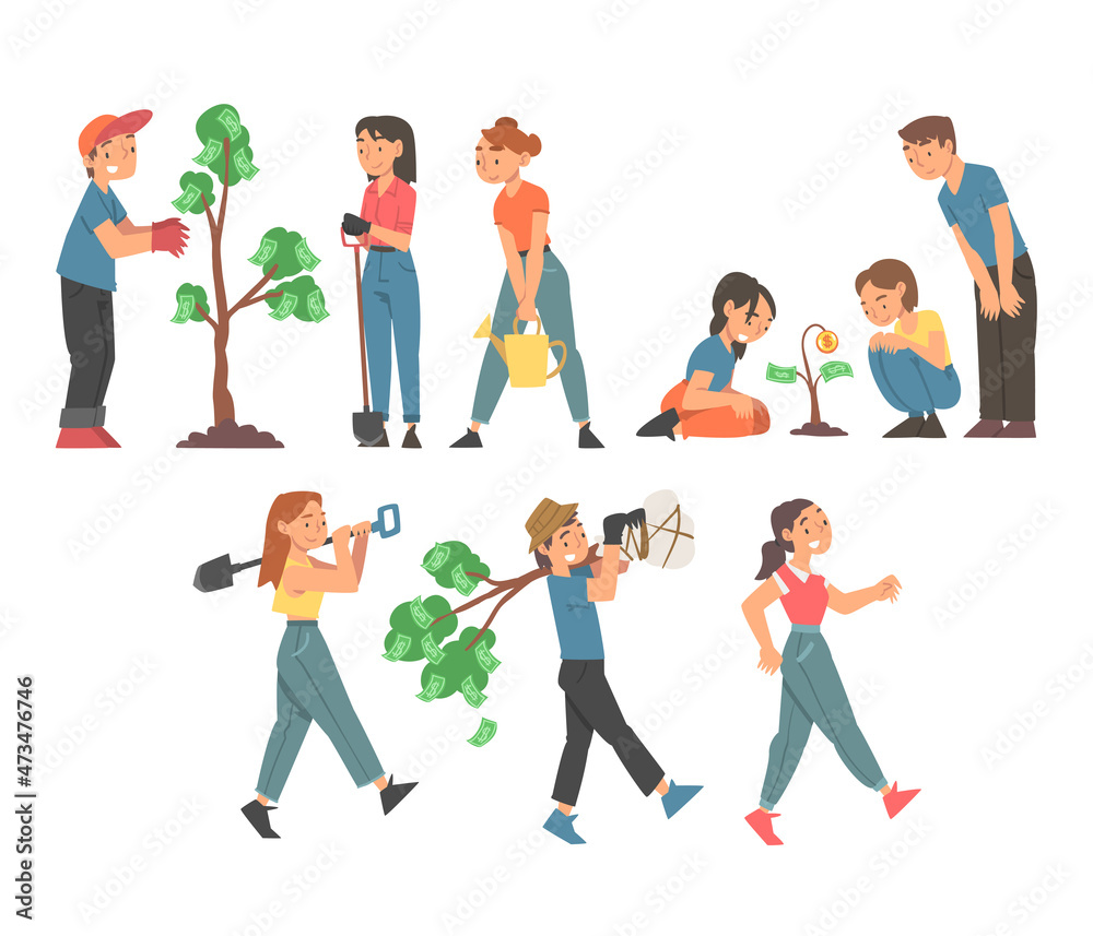 People Characters Planting and Cultivating Money Tree Watering and Fertilizing Soil Vector Set People Characters Planting and Cultivating Money Tree Watering and Fertilizing Soil Vector Set