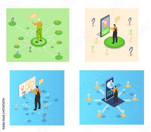 Making confusion. Doubts person surrounded by question marks. Questions dilemma situations. Asking questions. Confused people. Making choice. Being confused. Thinking or make decision. Solving problem