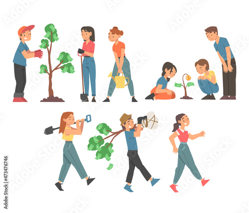 People Characters Planting and Cultivating Money Tree Watering and Fertilizing Soil Vector Set