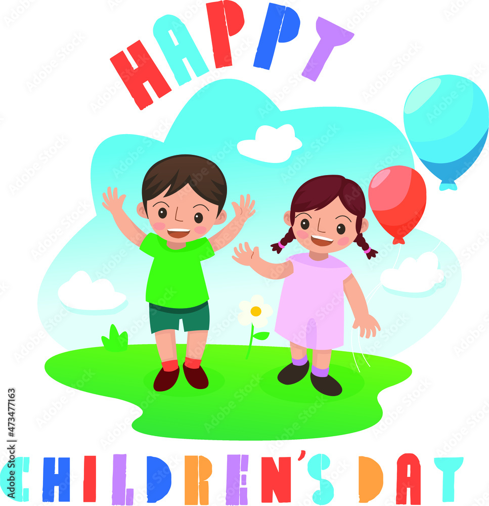 Happy childrens day concept with a pair of children playing with balloons happily
