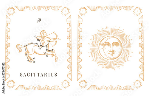 Sagittarius zodiac symbol on old horoscope card.