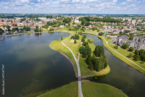Fototapeta Naklejka Na Ścianę i Meble -  Aerial summer day view in sunny city Telšiai