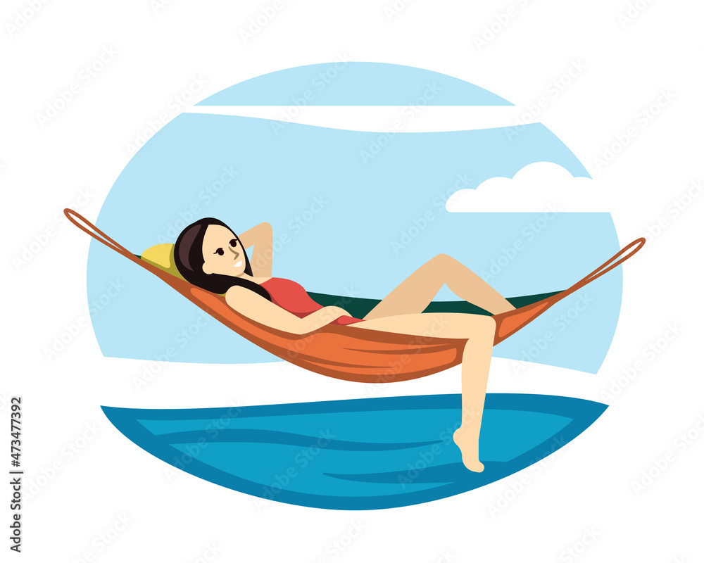 People rest hammocks set. Relaxing women and men tropical beaches and in nature comfortable stretch beds for restful sleep and reading books work online in natural setting. Cartoon vector.