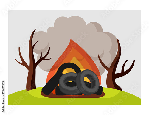 Burning tires illustration. Air pollution with carbon dioxide toxic substances from smoke climate change drought dead plants due to fires in unauthorized landfills. Vector cartoon smog.