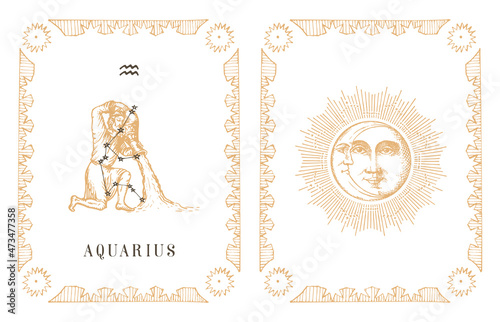 Aquarius zodiac symbol and constellation, old card