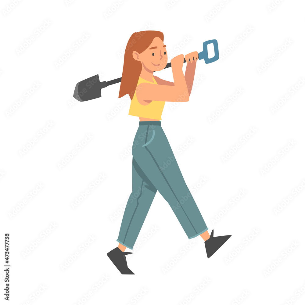 Fototapeta premium Young Woman Carrying Shovel on Her Shoulder for Garden or Yard Work Vector Illustration