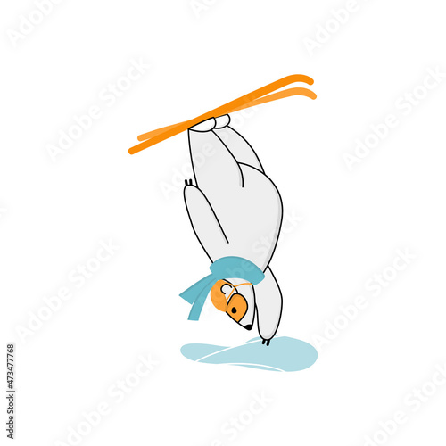 Freestyle skiing. Polar bear over the springboard make ski somersault