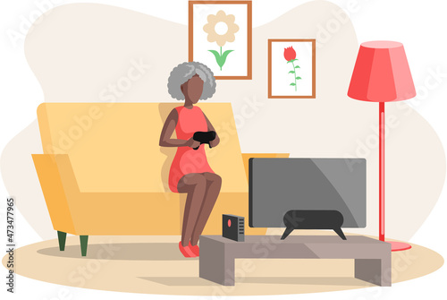 Old woman sitting on couch plays video games on tv. Lady with gamepad plays on console. Seniors have modern lifestyle with gadgets concept. Retired female character with joystick is playing video game