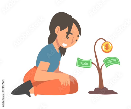 Woman Character Watching Money Tree Seedling Growing with Coin and Banknote Vector Illustration