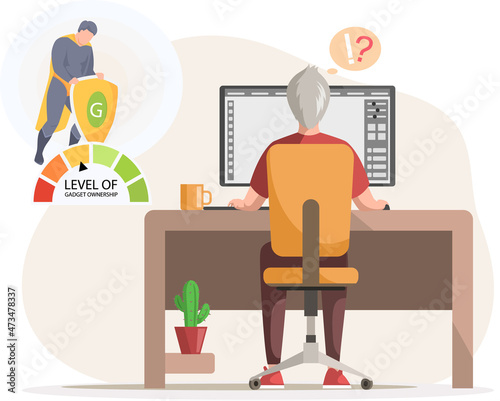 Old man sitting with monitor at workplace. Senior person dealing with technology, using modern gadgets. Male character has difficulties, questions in work with computer. Low level of gadget ownership