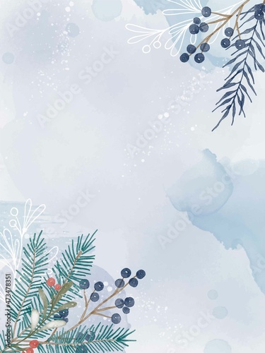 Watercolor winter background with plants, branches, berries and splashes. Christmas pre-made scene