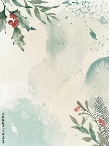 Watercolor winter background with plants, branches, berries and splashes. Christmas pre-made scene