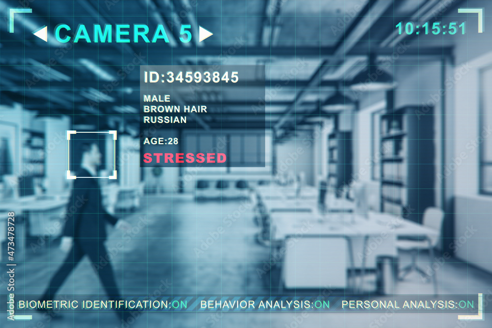 Abstract image of businessman in blurry office interior with camera cctv facial recognition interface. Biometric scanning and security concept. Double exposure.