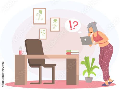 Elderly woman working on laptop with exclamation point, question mark. Old female character eating and looking at computer monitor. Senior lady dealing with technology, working with gadgets