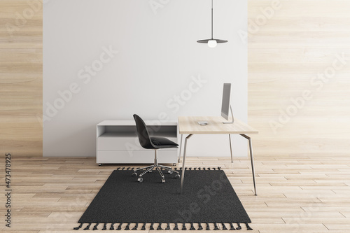 Modern minimalistic wooden office interior with empty mock up place on wall, workplace, carpet, furniture and computer device. Style and design concept. 3D Rendering.