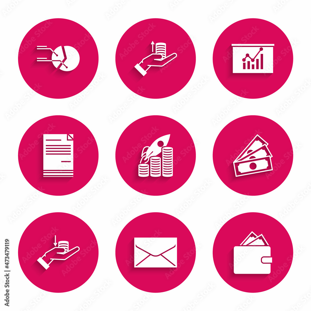 Set Rocket flying up on coins growth chart, Envelope, Wallet with stacks paper money cash, Stacks, Money hand, Document, Board graph and Pie infographic icon. Vector Set Rocket flying up on coins growth chart, Envelope, Wallet with stacks paper money cash, Stacks, Money hand, Document, Board graph and Pie infographic icon. Vector