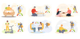 Set of illustrations about good and bad habits of people. Sport, yoga, exercise, proper nutrition, healthy food, vaccine, treatment. Changes in immunity levels due to lifestyle of characters