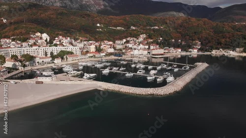 Flight towards the city over Marina Lazure in the city of Herceg Novi