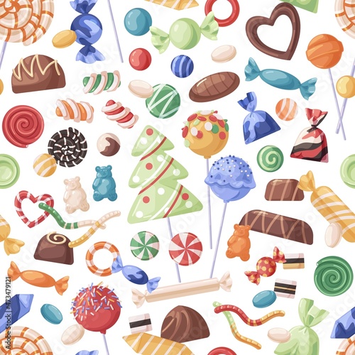 Seamless candies pattern. Endless background design with repeating sweets print. Confectionery texture with lollipops  sugar swirls and caramels. Colored flat vector illustration for wrapping