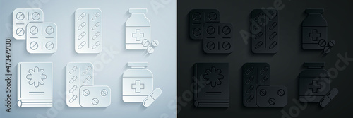 Set Pills in blister pack, Medicine bottle and pills, Medical book, and icon. Vector