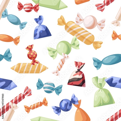 Candies pattern. Seamless background with caramels and chocolate sweets in wrappers. Repeating confectionery print. Endless texture design. Printable flat vector illustration for wrapping and decor