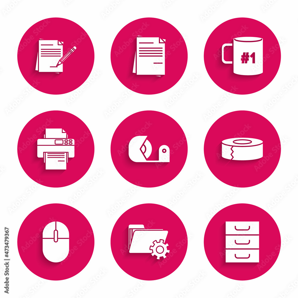 Set Scotch, Folder settings with gears, Drawer documents, Computer mouse, Printer, Coffee cup flat and Blank notebook and pencil eraser icon. Vector Set Scotch, Folder settings with gears, Drawer documents, Computer mouse, Printer, Coffee cup flat and Blank notebook and pencil eraser icon. Vector