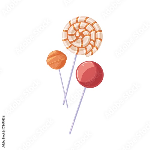 Swirl lollipop and lolly candies on sticks. Sweet spiral lollypop, round roll pops and caramel suckers composition. Twisted and ball confection. Flat vector illustration isolated on white background