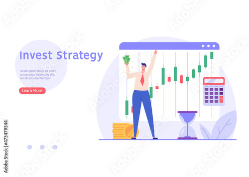 Man successfully invests. Concept of return on investment, financial solutions, passive income, investment strategy, lucky speculation. Vector illustration in flat design for web banner, landing page