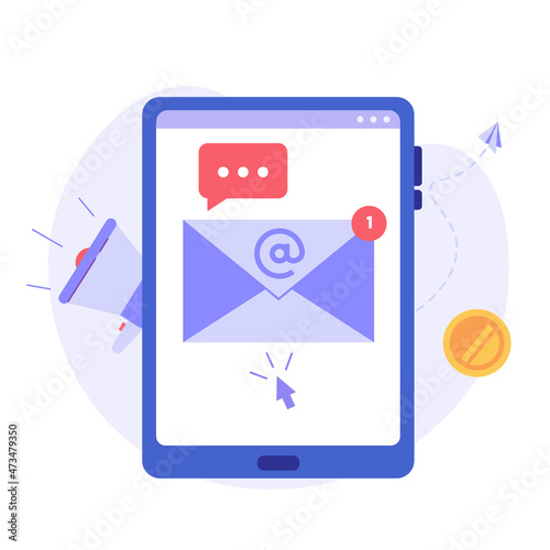 Smartphone with megaphone. Business announcment with loudspeaker. Direct marketing. Concept of promotion, e-mail marketing, pr, email campaign. Vector illustration in flat for web banners