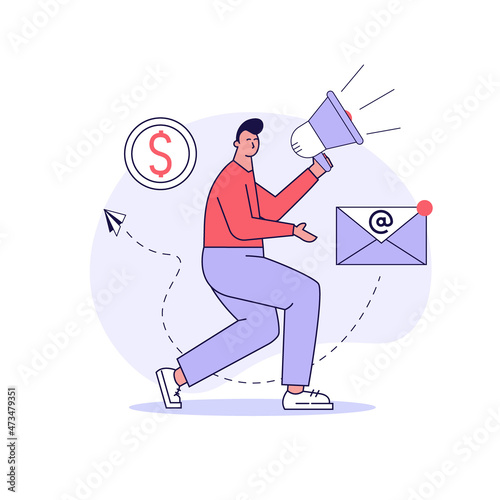 Man shouting in megaphone. Business character announcing with loudspeaker. Direct marketing. Concept of promotion, e-mail marketing, pr, email campaign. Vector illustration in flat outline design