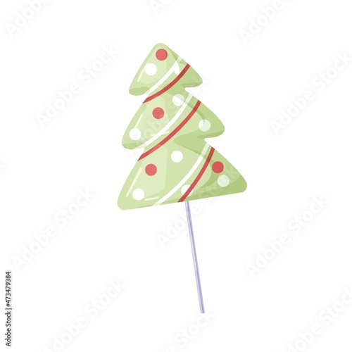 Christmas candy. Xmas fir tree lollipop on stick. Sweet hard caramel. Festive sugar lolly. Yummy sucker for New Year. Flat vector illustration of glossy dessert isolated on white background