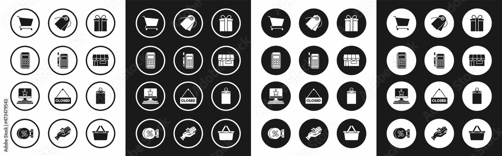 Set Gift box, Pos terminal with inserted credit card, Shopping cart, building or market store, Blank label template price tag, Paper shopping bag and on screen computer icon. Vector Set Gift box, Pos terminal with inserted credit card, Shopping cart, building or market store, Blank label template price tag, Paper shopping bag and on screen computer icon. Vector