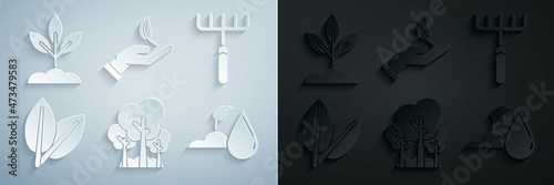 Set Trees, Garden rake, Leafs, Watering sprout, Sprout hand of environmental protection and Plant icon. Vector