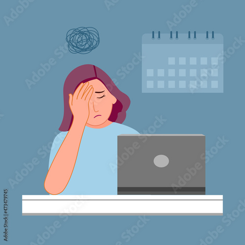 Woman having painful headache concept vector illustration. Migraine health problem flat design. Stressful at work. Office syndrome.