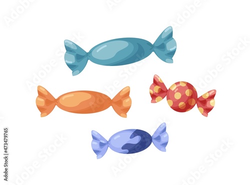 Caramel and sucker candies set. Sweets in wrappers. Bonbons, sugar drops and lollipops in glossy wrappings. Realistic flat vector illustration of different lollies isolated on white background