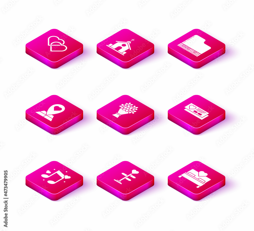 Set Music note, tone with hearts, Signpost, Map pointer, Bouquet of flowers, Bedroom, Ticket, Grand piano and Church building icon. Vector