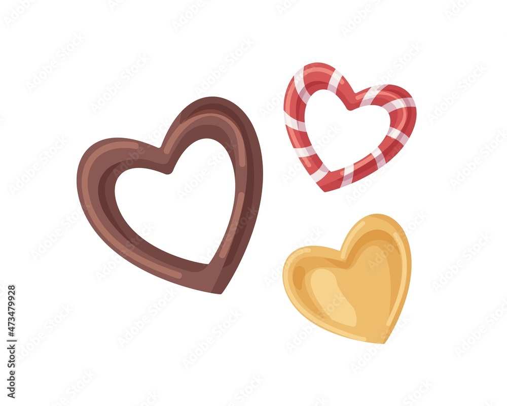Fototapeta premium Heart-shaped candies. Fruit caramels and chocolate sweets. Hard suckers of various flavors. Sugar lollipops. Flat vector illustration of realistic tasty lollies isolated on white background